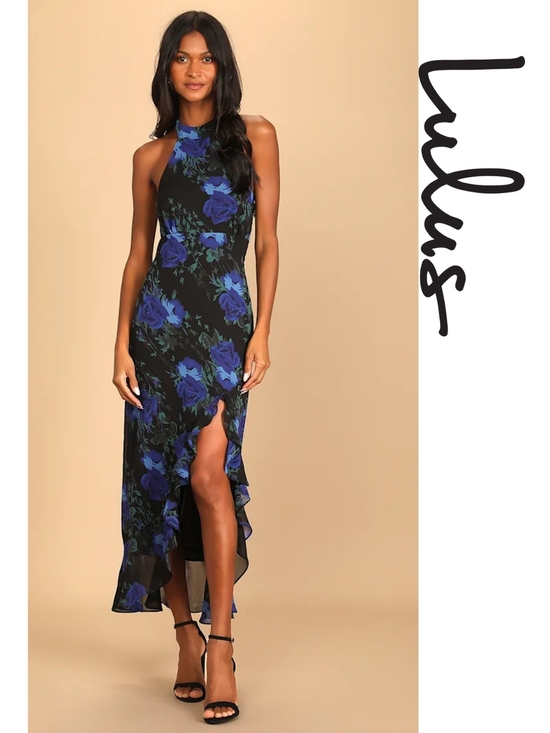 Lulus Dresses & Skirts - Lulu's - Elegant Entrance Black Floral Print Halter Maxi Dress- Small